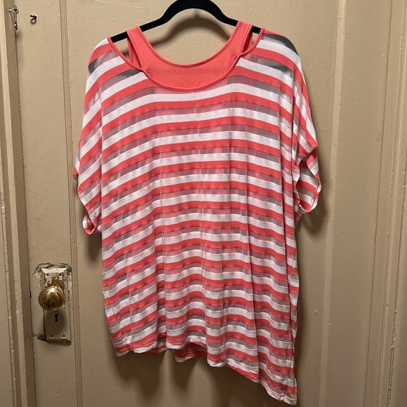 Lane Bryant Coral/salmon and White Striped Blouse - Picture 3 of 5